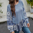 Women's Blue Color Mid-length Round Neck Loose Long Sleeves T-shirt Top