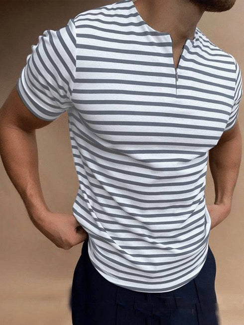 Summer V-neck Striped Cotton Casual Men's T-shirt