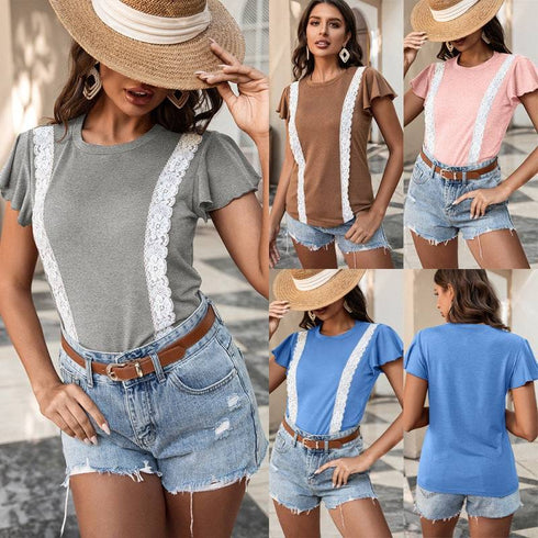 Women's Solid Color Stitching Lace Lace Ruffled Short-sleeved T-shirt
