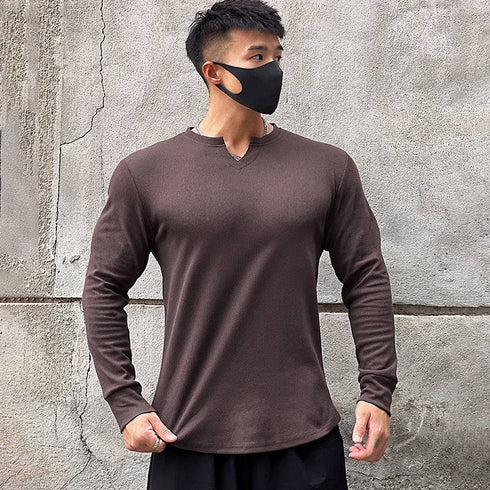 Men's Solid V-Shaped Crew Neck Long Sleeve T-Shirt
