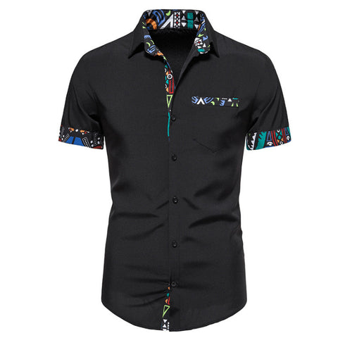 Men's Print Stitching Design Short Sleeve Button Shirt