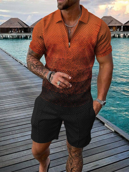 Men's Casual Color Contrast POLO Zip Lapel Shirt Short Sleeve Suit