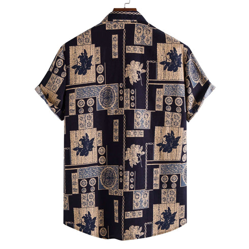 New Men's Fashion Trend Cotton Linen Printed Short Sleeve Shirt