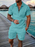 Men's Casual Color Contrast POLO Zip Lapel Shirt Short Sleeve Suit