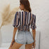 Striped Waist Slim Slimming Short-Sleeved V-Neck Blouse