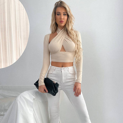 Cross-Neck Loose T-Shirt With Shoulder Sleeves Hollow Top