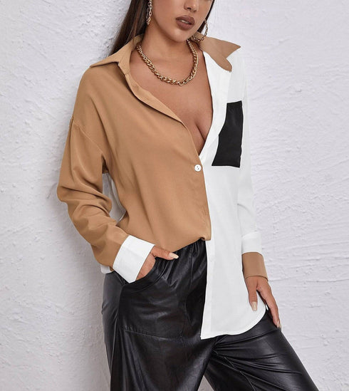 Contrast Stitching Top Pocket Long-Sleeved Chiffon Shirt