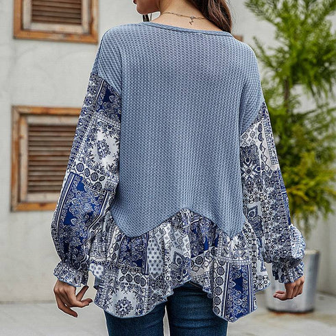 Women's Blue Color Mid-length Round Neck Loose Long Sleeves T-shirt Top