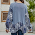 Women's Blue Color Mid-length Round Neck Loose Long Sleeves T-shirt Top