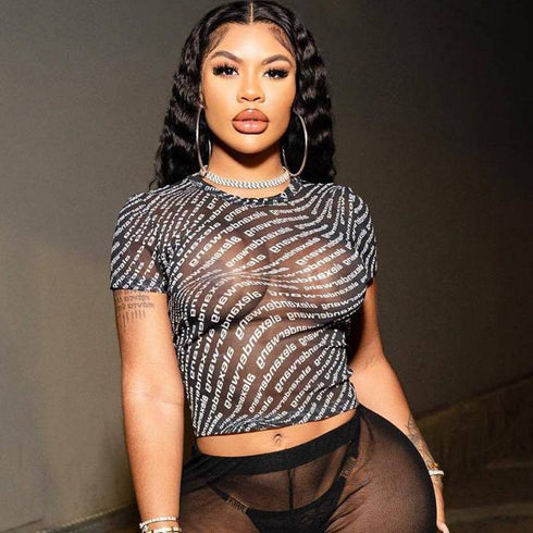 Women's Crew Neck Mesh Perspective Digital Print Short T-Shirt Top