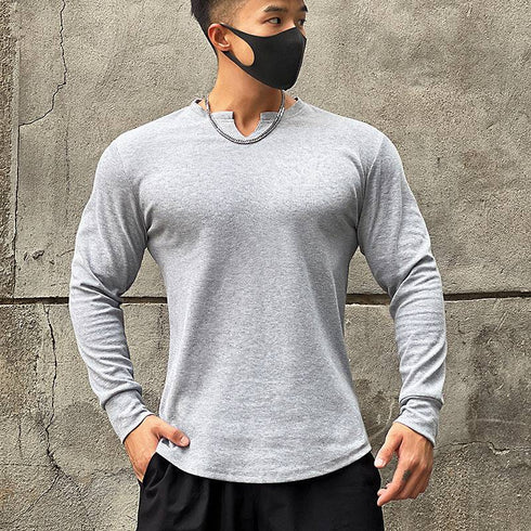 Men's Solid V-Shaped Crew Neck Long Sleeve T-Shirt