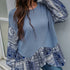 Women's Blue Color Mid-length Round Neck Loose Long Sleeves T-shirt Top