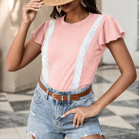 Women's Solid Color Stitching Lace Lace Ruffled Short-sleeved T-shirt