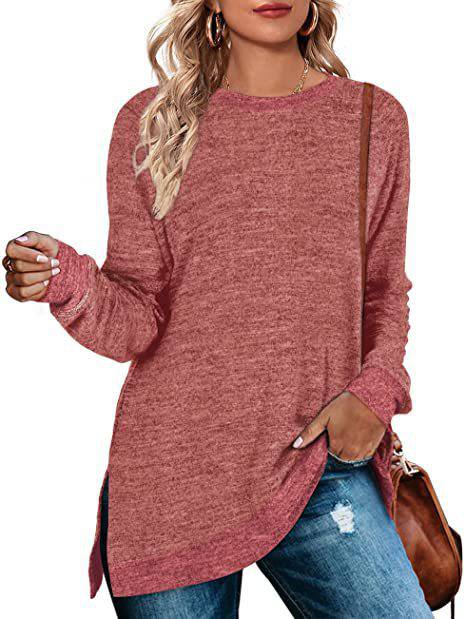 Long Sleeve Round Neck Multicolor Split Top Loose Leisure Pullover T-shirt