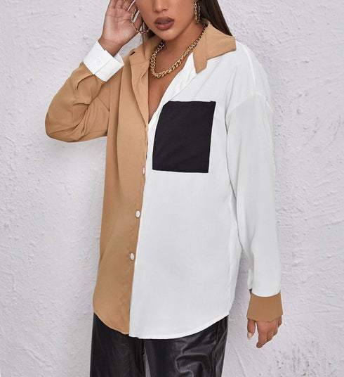 Contrast Stitching Top Pocket Long-Sleeved Chiffon Shirt