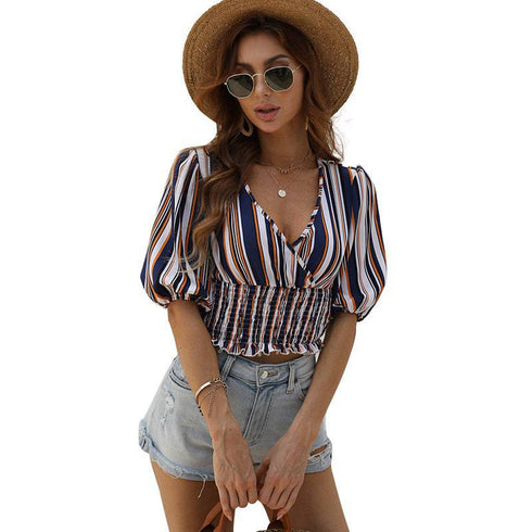 Striped Waist Slim Slimming Short-Sleeved V-Neck Blouse