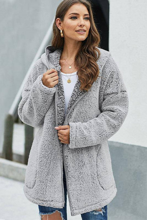 Button Front Hooded Teddy Coat - EsaModa