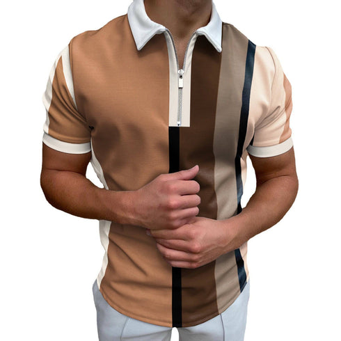 Men's Polo Shirt Lapel Casual Short Khaki Striped T-Shirt