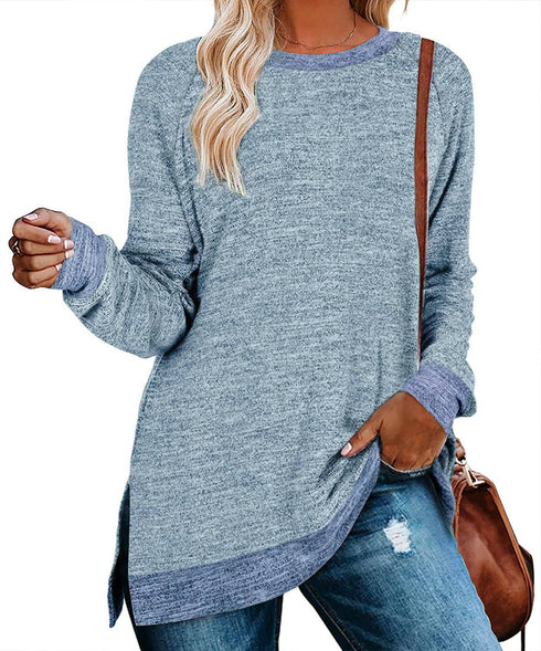 Long Sleeve Round Neck Multicolor Split Top Loose Leisure Pullover T-shirt