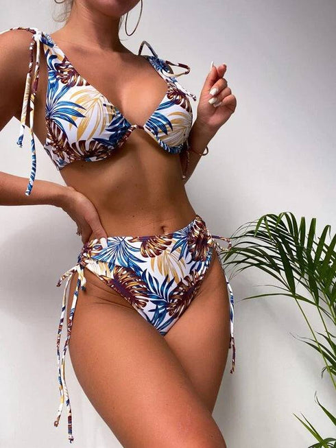 Underwire Maple Leaf Print High Waist Split Swimsuit