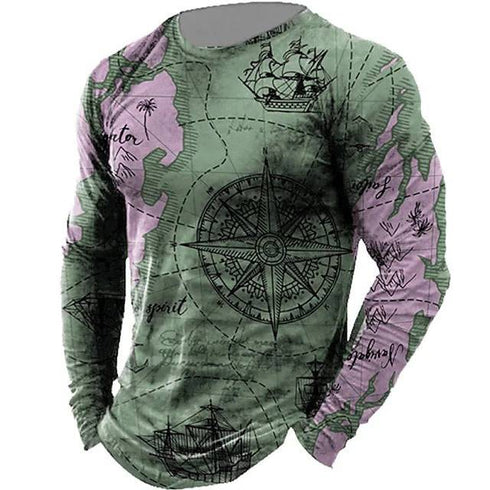 Men's Nautical Compass Pattern Crewneck Long Sleeve T-shirt