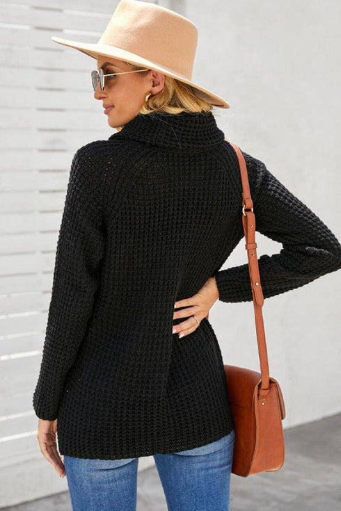 Button Wrap Turtleneck Sweater - EsaModa