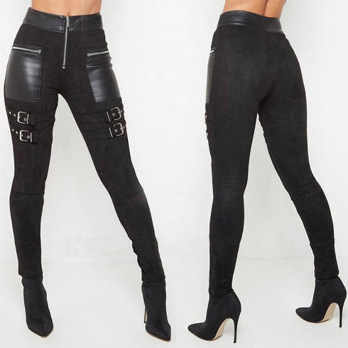 Women's Black Stitching Leather Zipper Trousers Pants