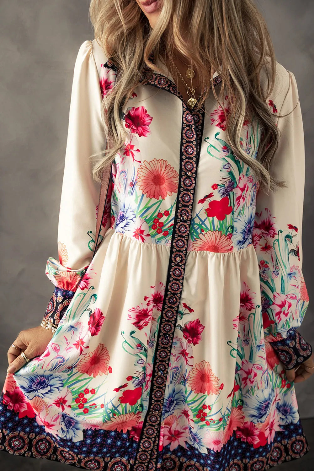 off shoulder button design lantern sleeve dress Flower Button Down Lantern Sleeve Dress